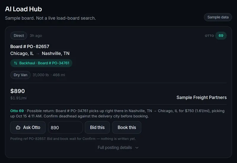 Sample AI Load Hub card with an Otto score, why it ranked, and Ask Otto, Bid, and Book.